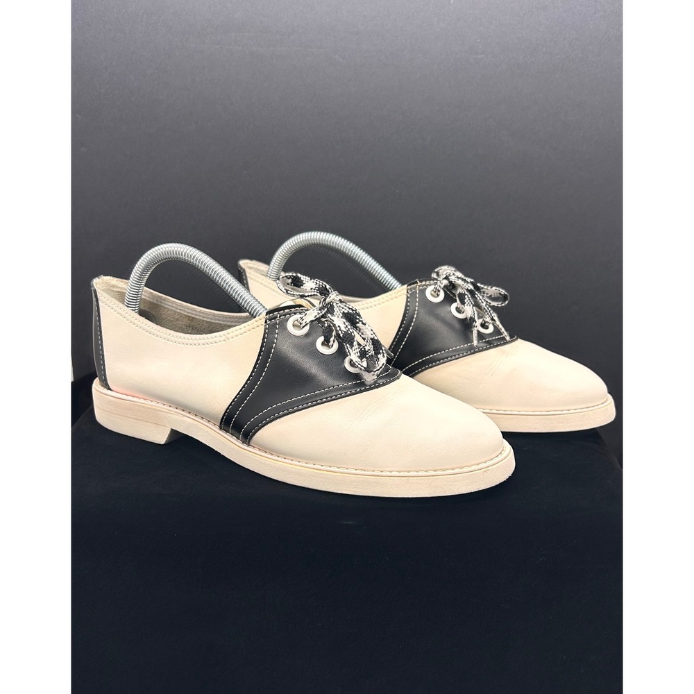 Vintage Pinwheels Saddle Shoes Cream Black Leather Oxfords 10M Made in USA